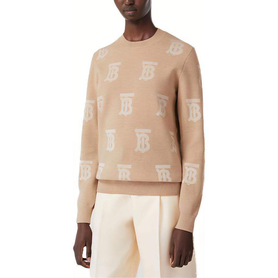 (Women) Burberry SS22  Beige Logo Jacquard Crewneck Long Sleeve Sweater 80524051