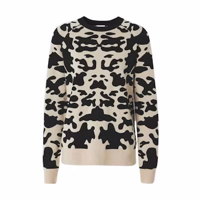 (Women) Burberry SS22 Black Cow Print Wool Pullover Sweater Crewneck. 80527171