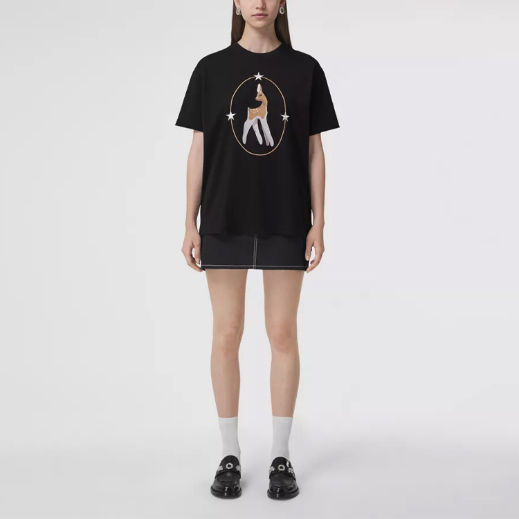 (Women) Burberry SS22  Loose Fit Deer Print Cotton T-Shirt - Black 80494611 圖 3
