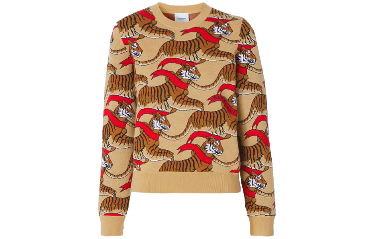 Order (Women) Burberry SS22  Tiger Print Wool Pullover Sweater Honey Beige. 80514681