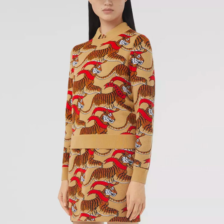 Shop (Women) Burberry SS22  Tiger Print Wool Pullover Sweater Honey Beige. 80514681