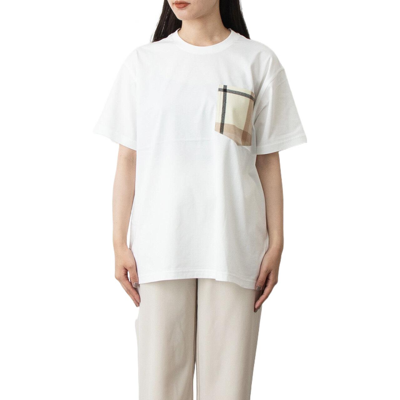 (Women) Burberry SS22  White Loose Fit Check Pocket Cotton T-Shirt. 80559041