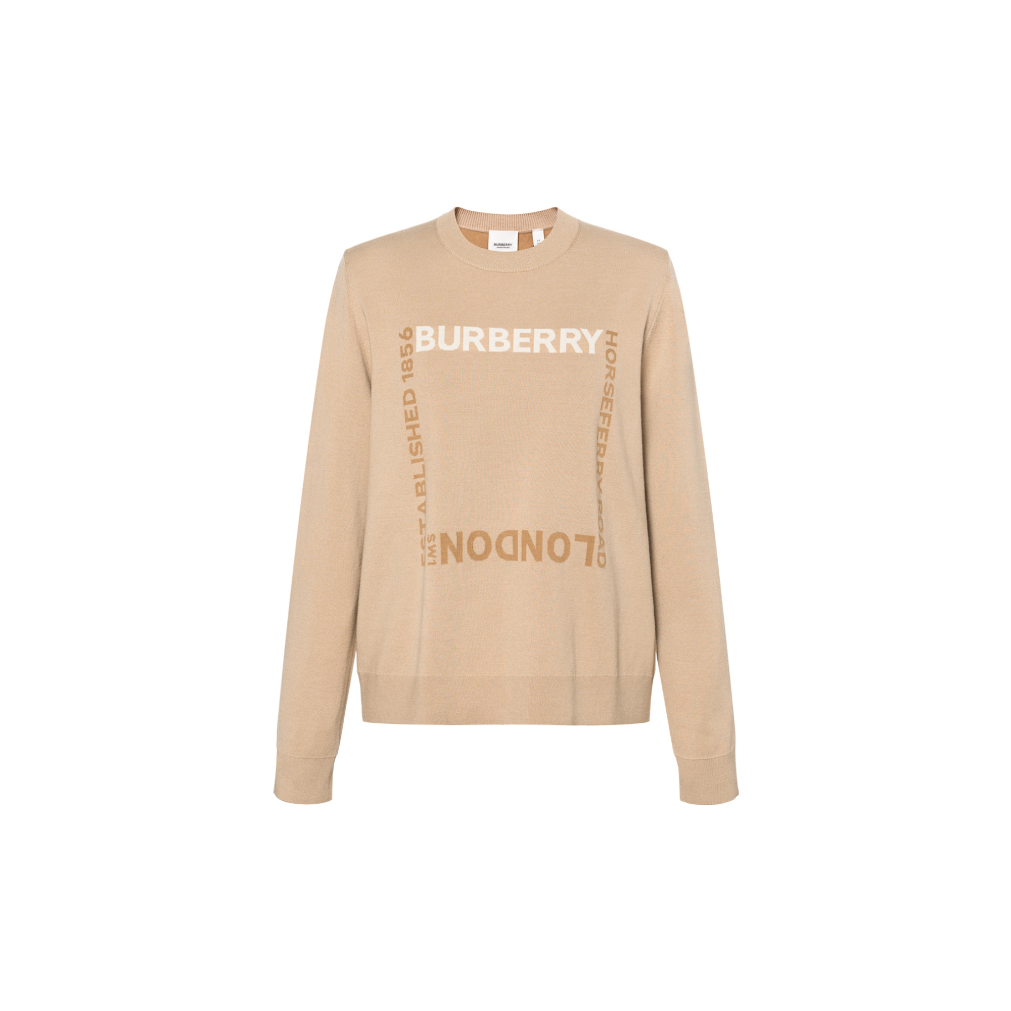 (Women) Burberry SS22  Yellow Brown Wool Knit Pullover Sweater with Logo Jacquard. 80571591