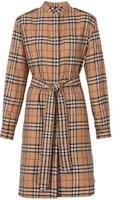 (Women) Burberry SS22 Beige Check Belted Shirt Long Sleeve Dress Women 80487281 (Women) Burberry SS22 Beige Check Belted Shirt Long Sleeve Dress Women 80487281