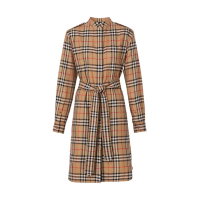 (Women) Burberry SS22 Beige Check Belted Shirt Long Sleeve Dress Women 80487281
