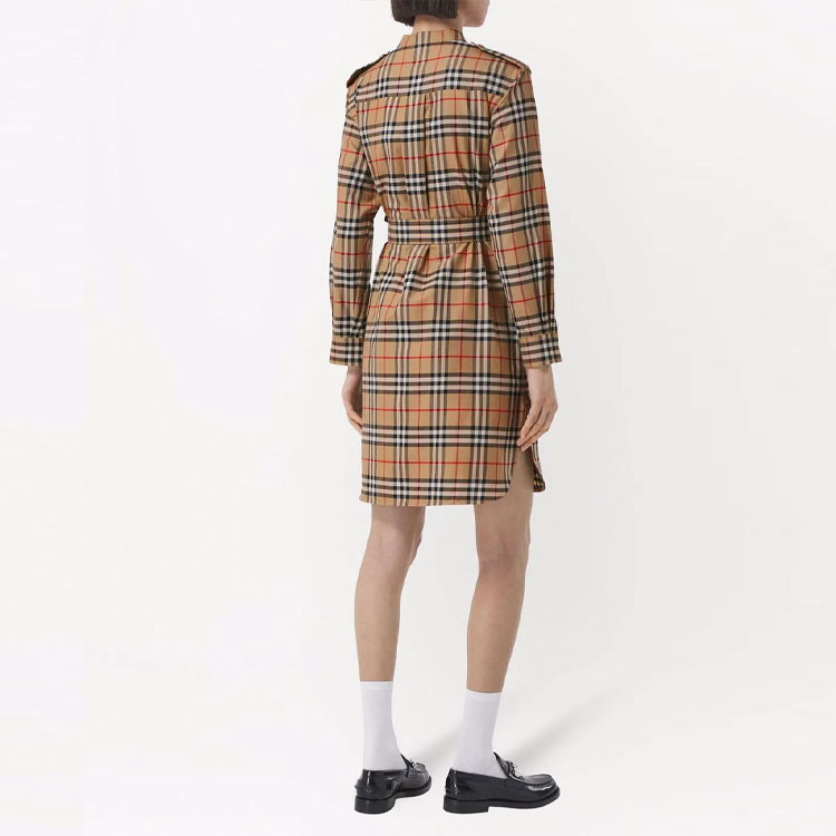 Purchase (W) Burberry SS22 米色格紋腰帶長袖襯衫洋裝 女款 80487281