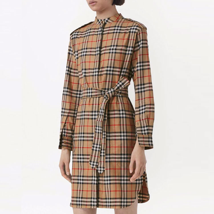 Details for (W) Burberry SS22 米色格紋腰帶長袖襯衫洋裝 女款 80487281
