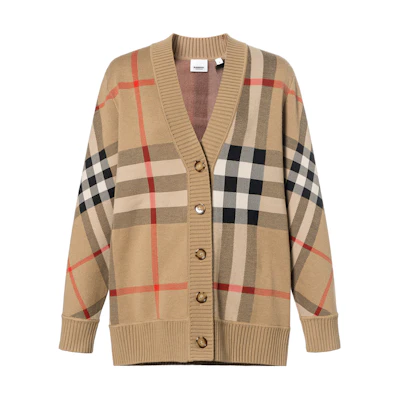 (Women) Burberry SS22 Check Jacquard V-Neck Cardigan Beige Sweater 80391531