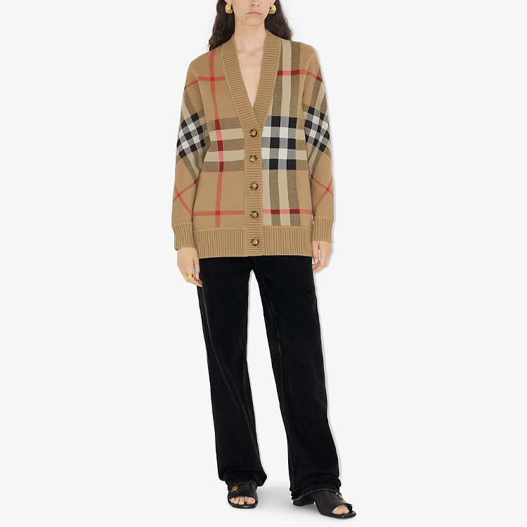 Shop (W) バーバリー SS22 チェック ジャカード Vネック カーディガン ベージュ セーター 80391531