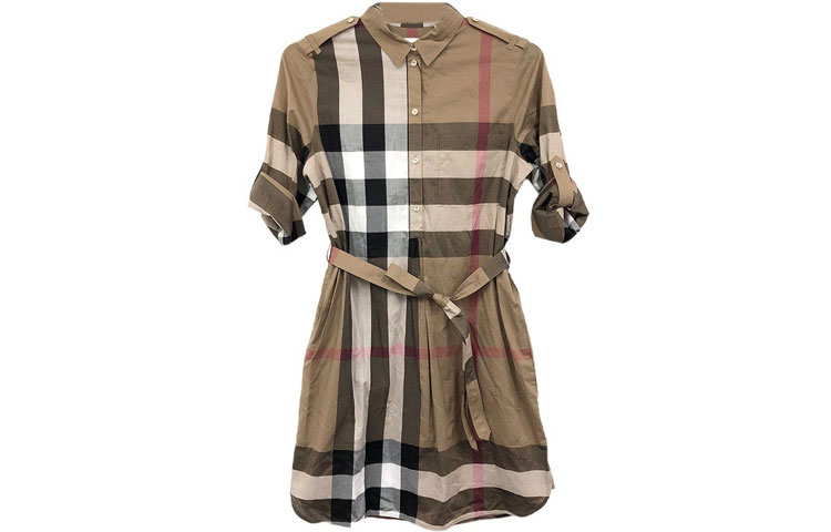 (Women) Burberry SS22 Check Shirt Dress Short Sleeve Brown Women’s Dress 80529281