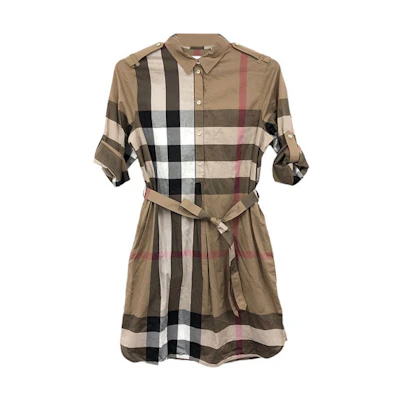 (Women) Burberry SS22 Check Shirt Dress Short Sleeve Brown Women’s Dress 80529281