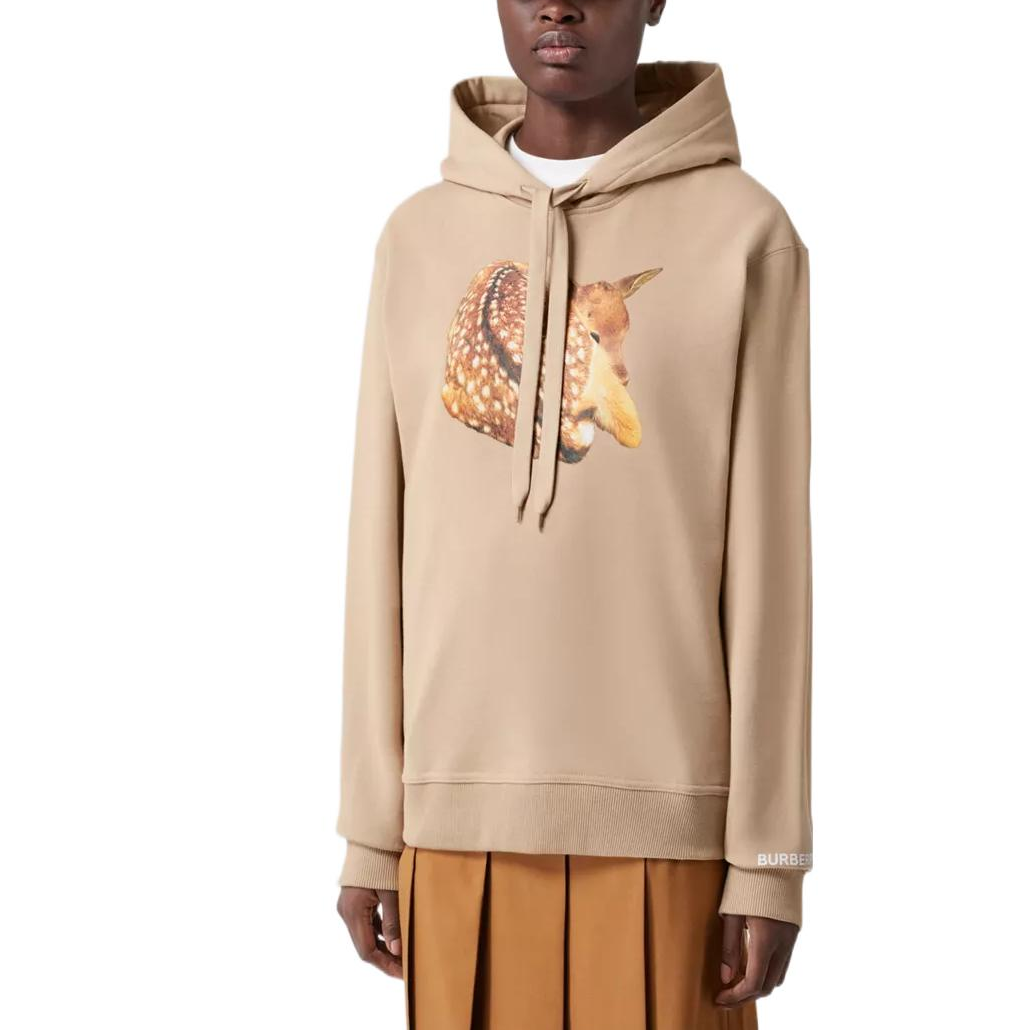 Lookbook (Women) Burberry SS22 Deer Print Cotton Hoodie  Loose Fit Beige Brown. 80560521