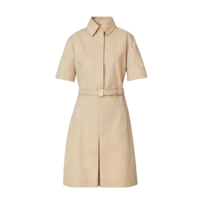 (Women) Burberry SS22 Monogram Belted Solid Color Short-Sleeve Dress Women Soft Camel Brown 80520141