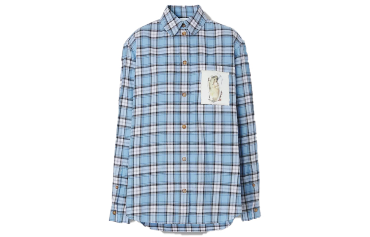 (Women) Burberry SS22 Montage Print Check Cotton Loose Long-Sleeve Shirt  Light Blue 80488981