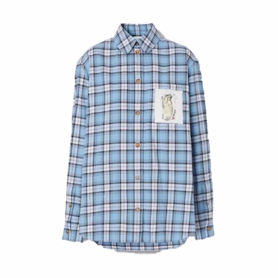 (Women) Burberry SS22 Montage Print Check Cotton Loose Long-Sleeve Shirt Light Blue 80488981