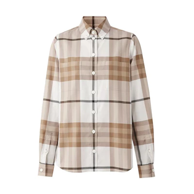 (Women) Burberry SS22 Plaid Print Pointed Collar Long Sleeve Shirt Frost White. 80568561