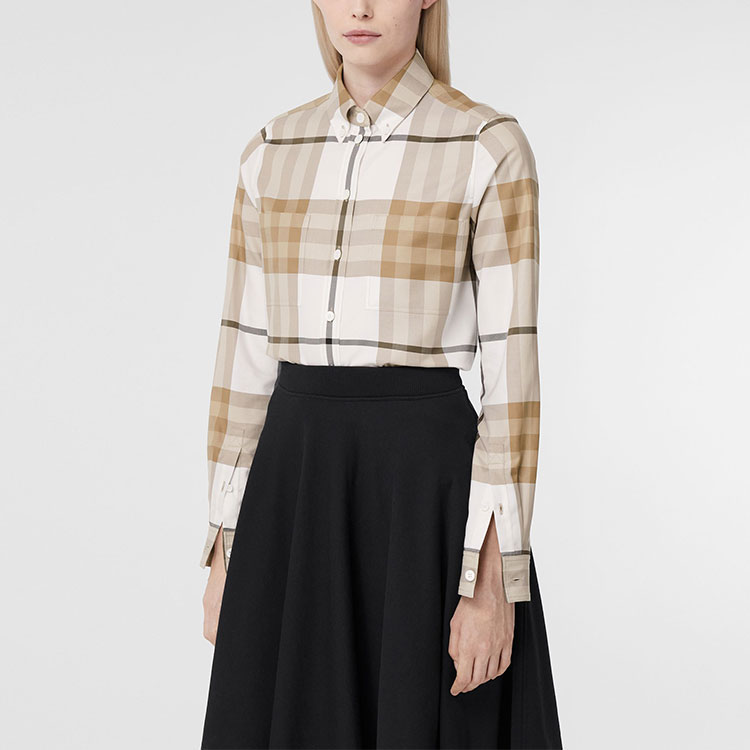 (Women) Burberry SS22 Plaid Print Pointed Collar Long Sleeve Shirt  Frost White. 80568561 圖 7
