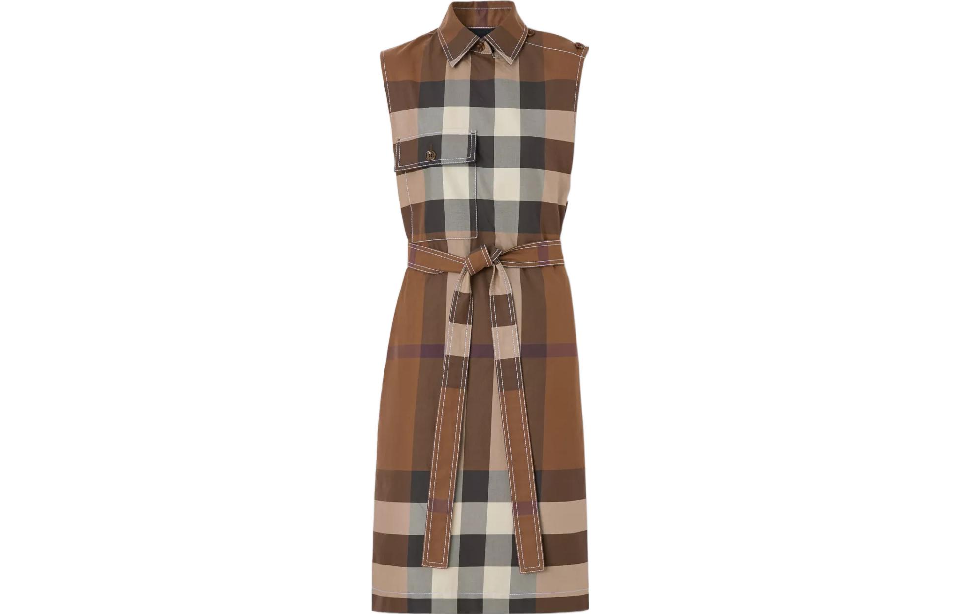 (Women) Burberry SS22 Plaid Tie-Waist Sleeveless Shirt Dress Women Brown. 80574441
