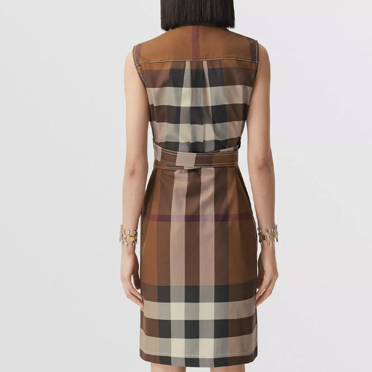 Shop (W) 버버리 SS22 체크 타이 허리 민소매 셔츠 원피스 여성 브라운. 80574441