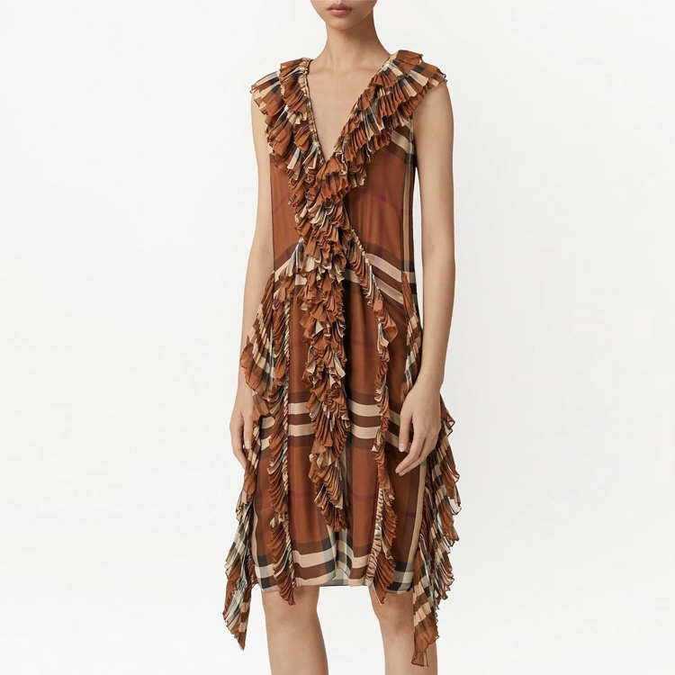 (Women) Burberry SS22 Women’s Sleeveless Check Ruffled Dress Khaki. 80626281 圖 5