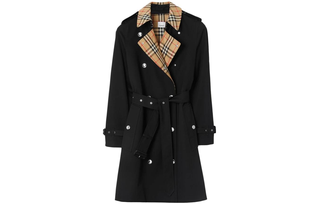 (Women) Burberry SS23  Black Double-Breasted Trench Coat with Iconic Check. 80728011