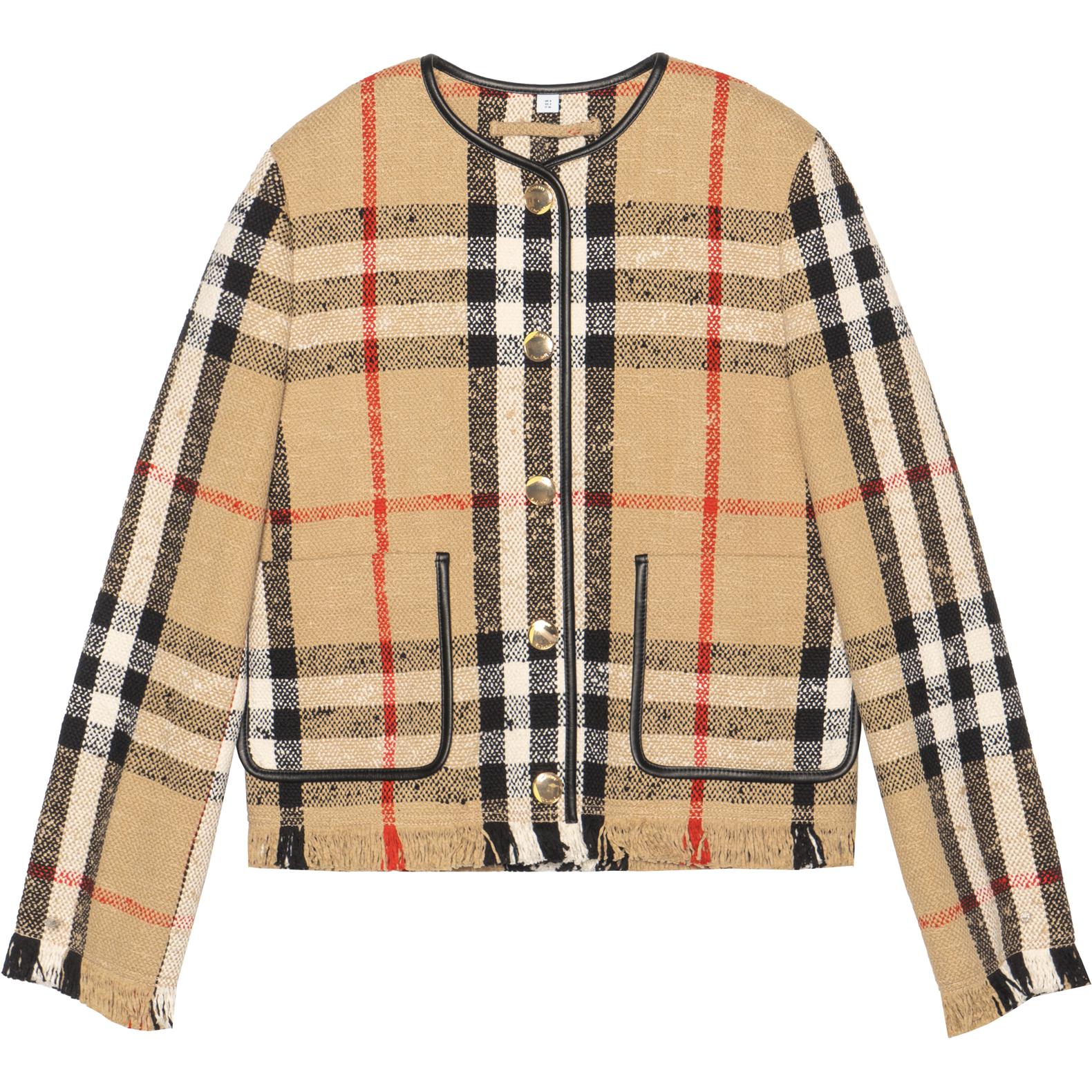 (Women) Burberry SS23  Brown Check Print Raw Edge Button-Up Jacket. 80726081