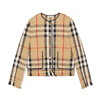 (Women) Burberry SS23 Brown Check Print Raw Edge Button-Up Jacket. 80726081