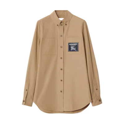 (Women) Burberry SS23 Camel Long-Sleeve Shirt with Logo Patch and Point Collar. 80657761