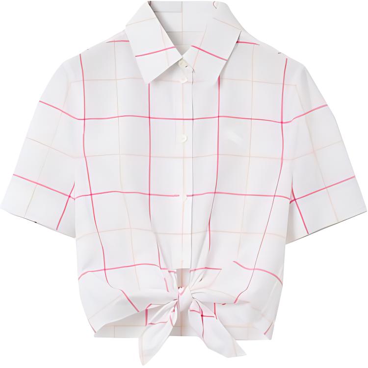 (Women) Burberry SS23  Check Print Square Neck Short Sleeve Shirt - White. 80717911