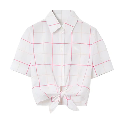 (Women) Burberry SS23 Check Print Square Neck Short Sleeve Shirt - White. 80717911