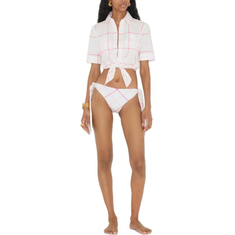 (Women) Burberry SS23  Check Print Square Neck Short Sleeve Shirt - White. 80717911 圖 3