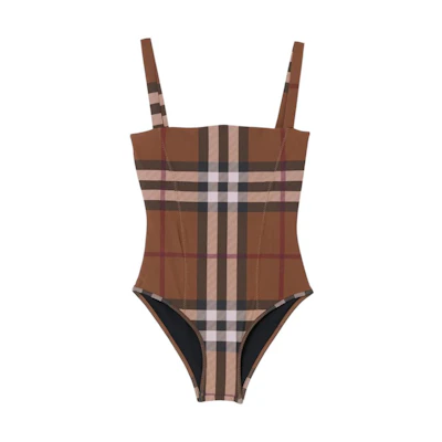 (Women) Burberry SS23 Check Print Square Neck Swimsuit Brown. 80663111