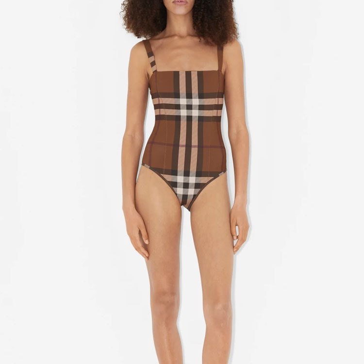 Lookbook (W) Traje de baño Burberry SS23 Cuadrado Cuello Estampado Cuadros Marrón. 80663111