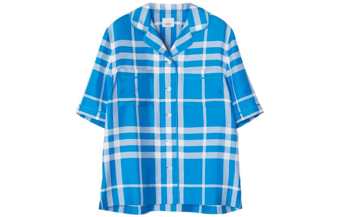 (Women) Burberry SS23  Check Silk Pajama-Style Shirt in Vibrant Blue. 80658191