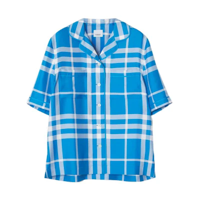 (Women) Burberry SS23 Check Silk Pajama-Style Shirt in Vibrant Blue. 80658191