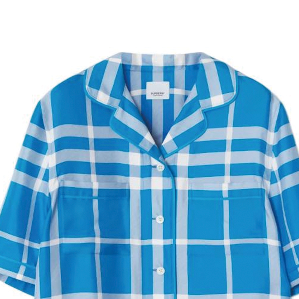 Details for (W) 博柏利 SS23 蓝色格纹真丝睡衣风格衬衫 80658191