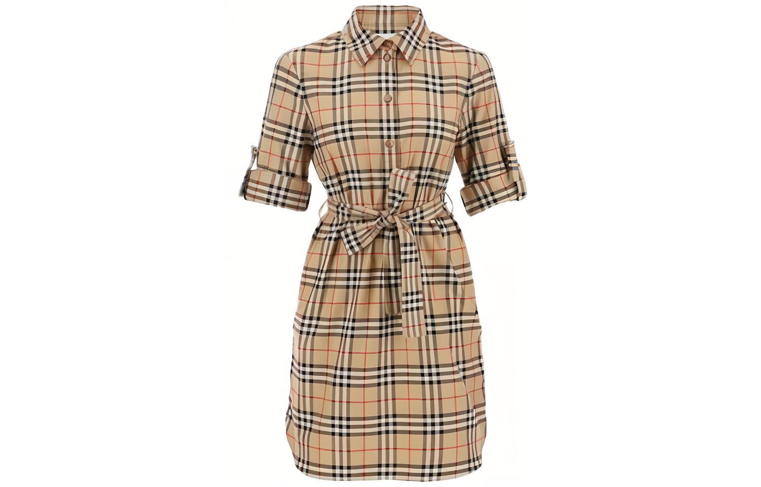 (Women) Burberry SS23  Classic Check Belted Shirt Dress Long Sleeve Beige 8063498