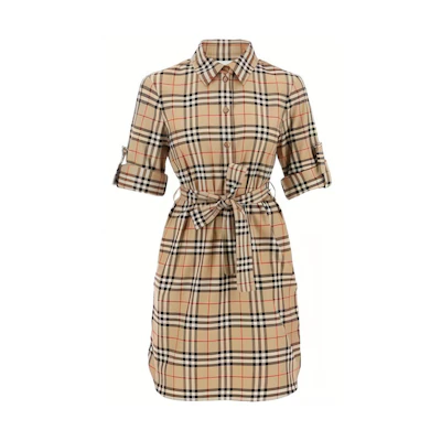 (Women) Burberry SS23 Classic Check Belted Shirt Dress Long Sleeve Beige 8063498