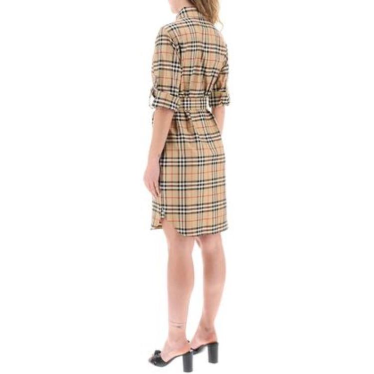 Shop (W) 博柏利 SS23 经典格纹腰带长袖衬衫连衣裙 米色 8063498