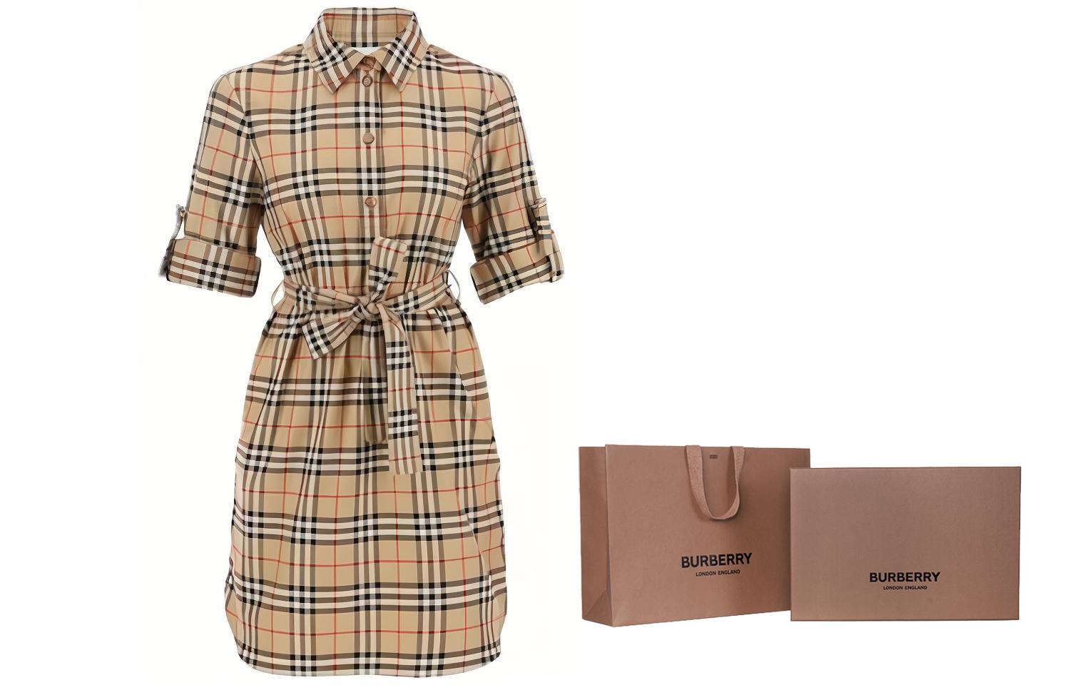 Details for (W) 博柏利 SS23 经典格纹腰带长袖衬衫连衣裙 米色 8063498