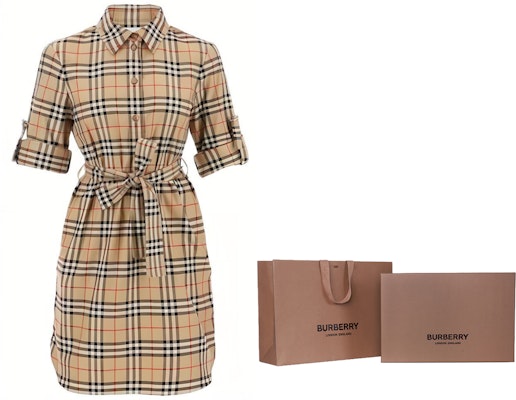 (Women) Burberry SS23 Classic Check Belted Shirt Dress Long Sleeve Beige 8063498 Details for (Women) Burberry SS23 Classic Check Belted Shirt Dress Long Sleeve Beige 8063498