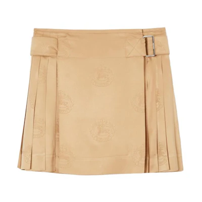 (Women) Burberry SS23 Equestrian Knight Logo Silk Mini Skirt - Soft Tan. 80712081