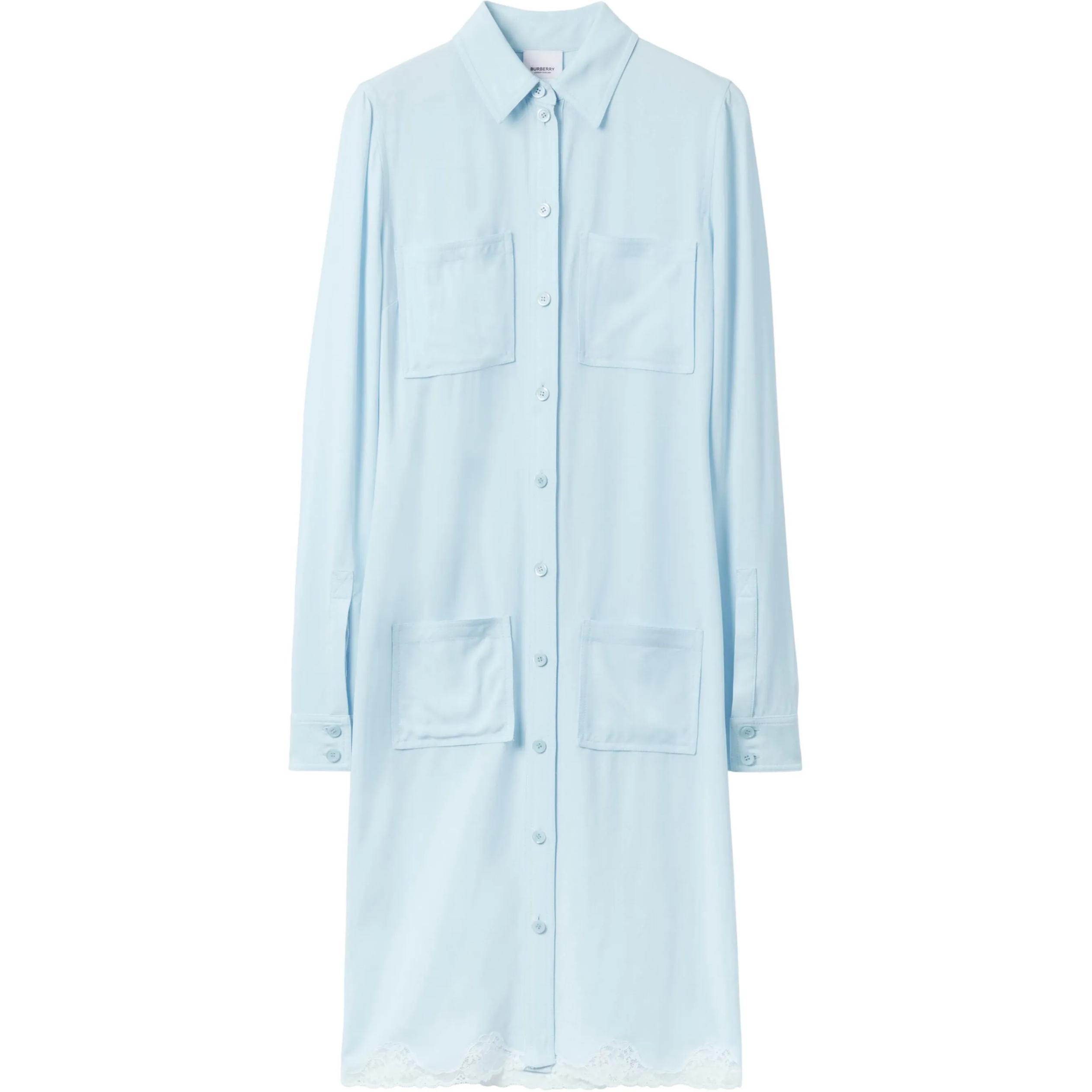 (Women) Burberry SS23  Light Blue Lace-Trim Shirt Dress Long Sleeve 80702351