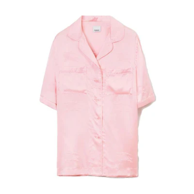 (Women) Burberry SS23 Pink Silk Pajama-Style Short Sleeve Shirt with Logo. 80713501
