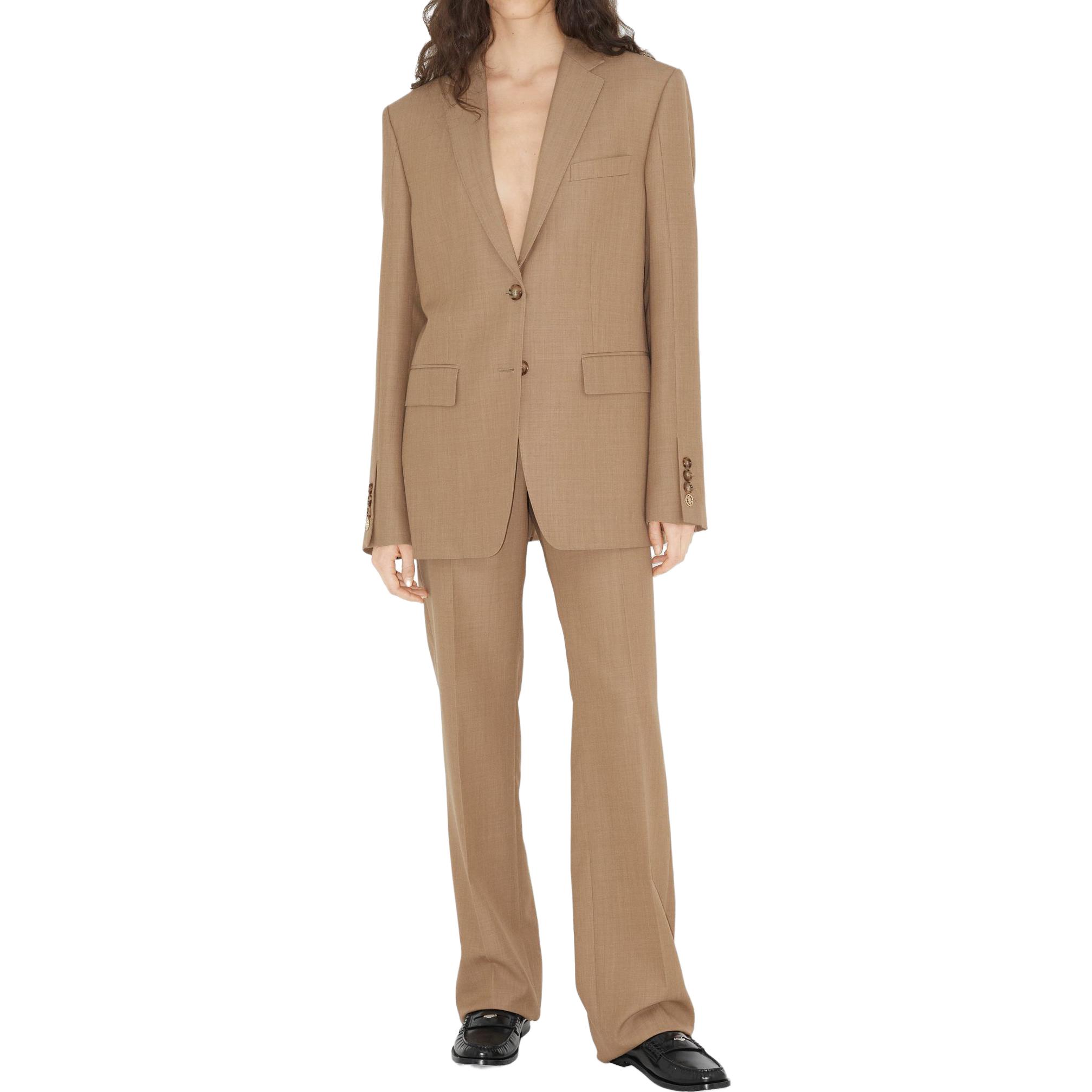 Lookbook (Women) Burberry SS23  Solid Single-Breasted Long Sleeve Blazer in Camel. 80659511