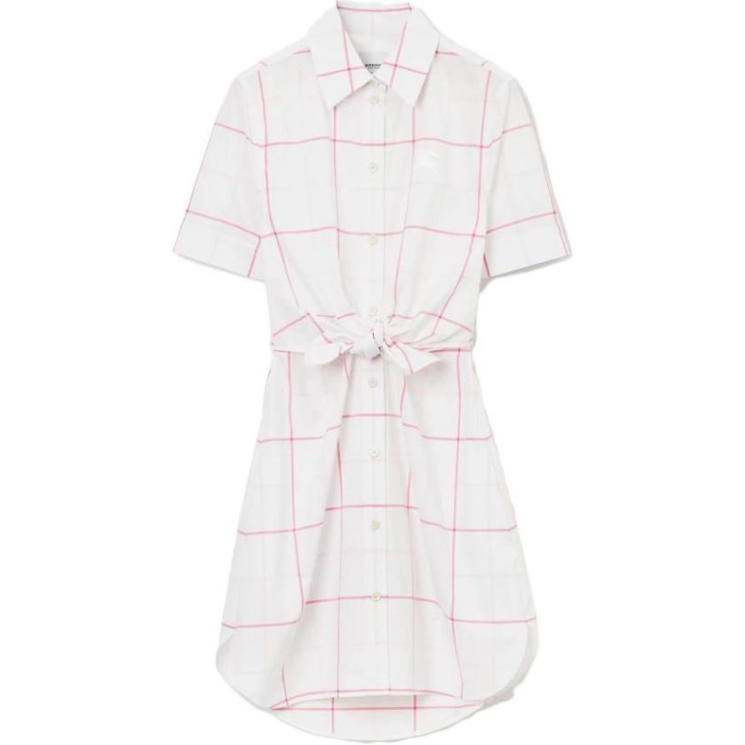 (Women) Burberry SS23  White Colorblock Check Belted Shirt Dress Short Sleeve 80722561