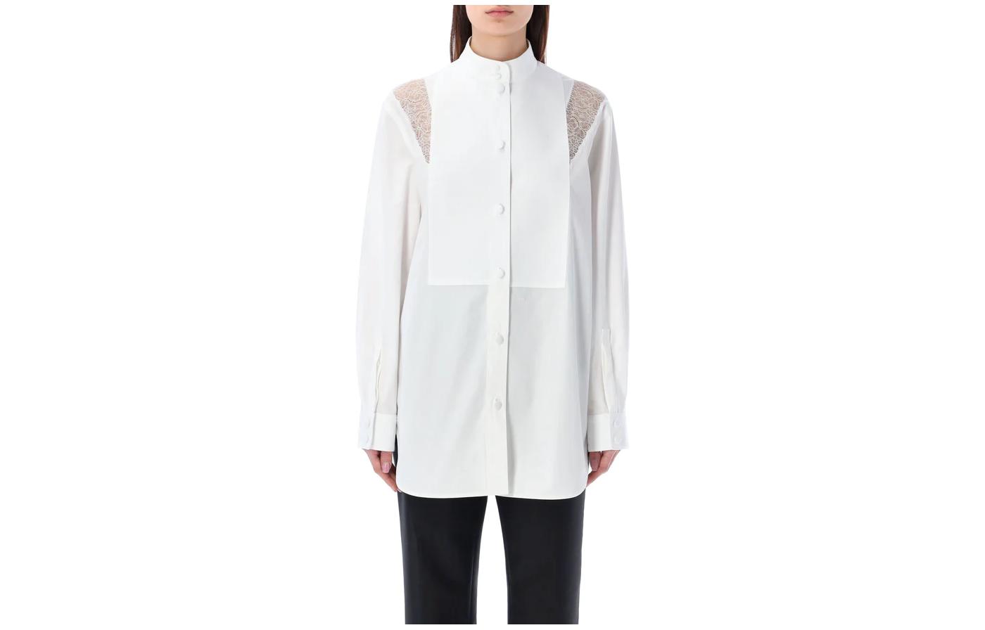 (Women) Burberry SS23  White Lace Detail Button-Up Long Sleeve Shirt. 80713161