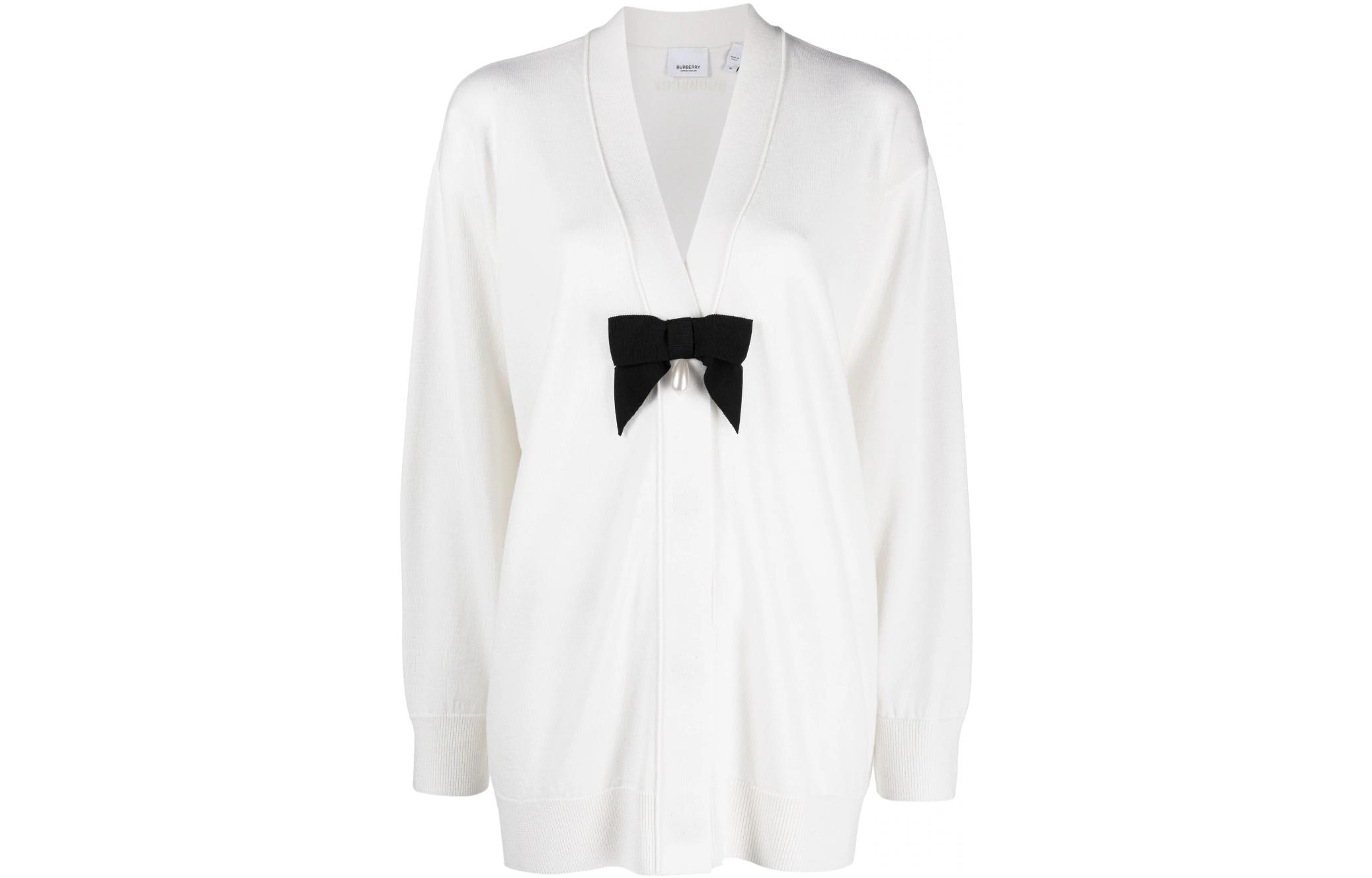(Women) Burberry SS23  White Wool V-Neck Bow Knit Cardigan. 80671031