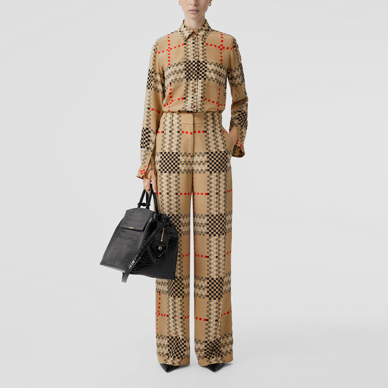 (Women) Burberry SS23 Pixel Print High-Waist Loose Wide-Leg Pants Beige . 80631051 圖 3