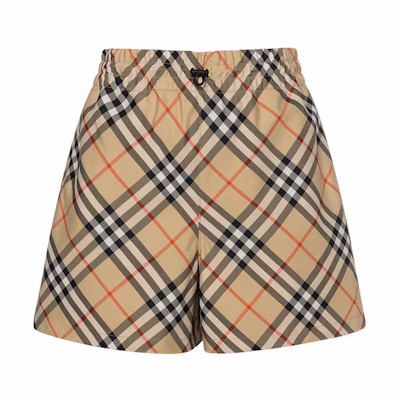 (Women) Burberry SS24 Beige Check Logo Drawstring Straight-Leg Shorts. 80882901